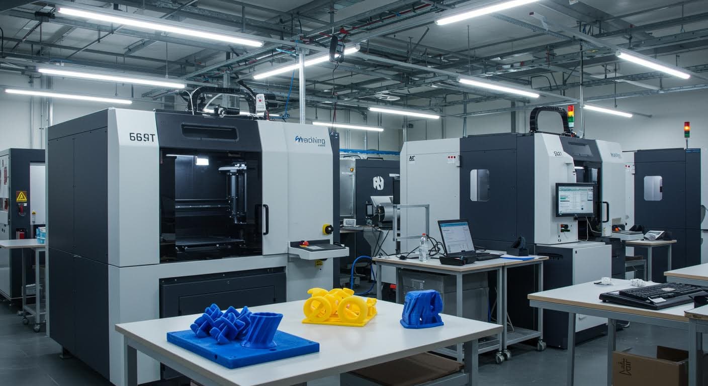 Industriefoto einer additiven Fertigungsanlage in einer Fabrikhalle, mit mehreren Druckern im Hintergrund, reiner Technologie-Fokus.