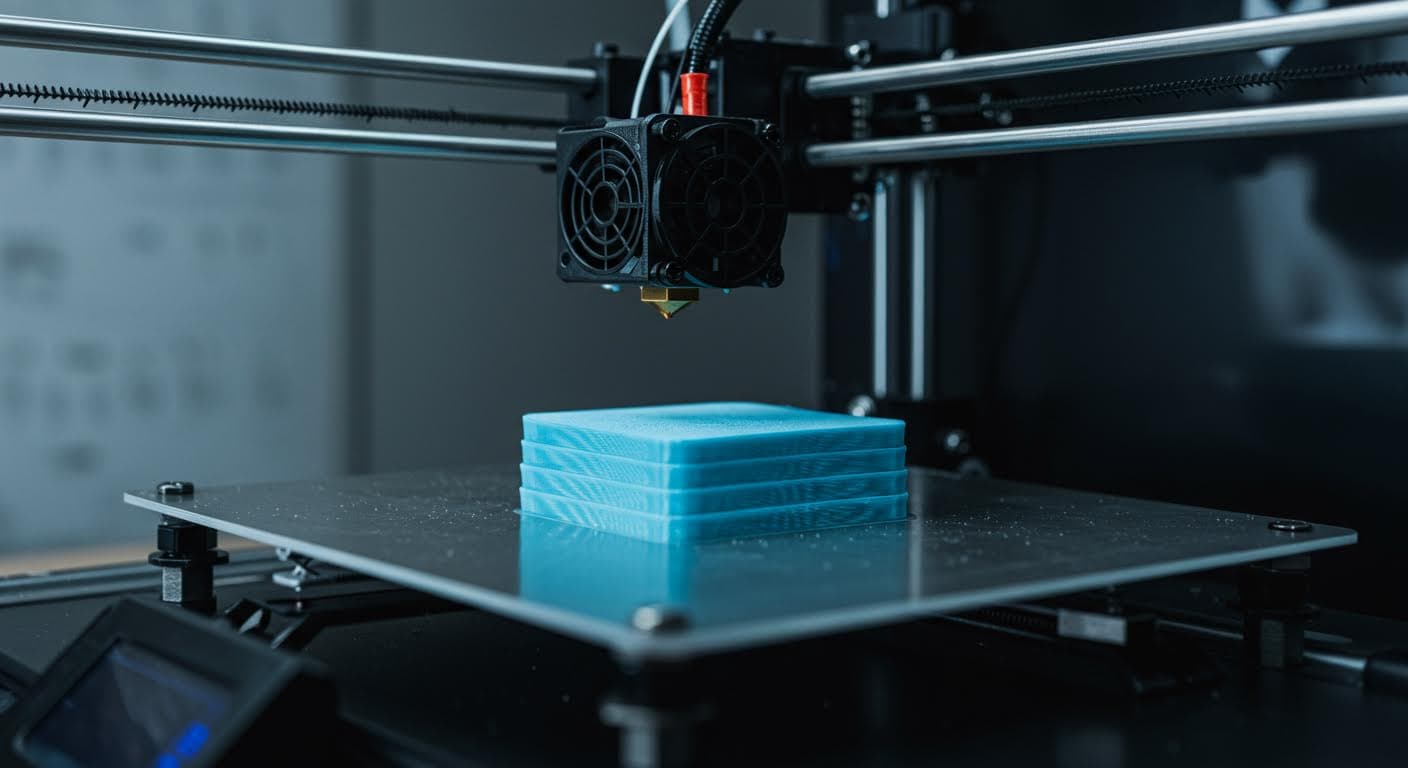 3D printer extruding PLA filament onto a build plate, focusing on the nozzle and layers forming
