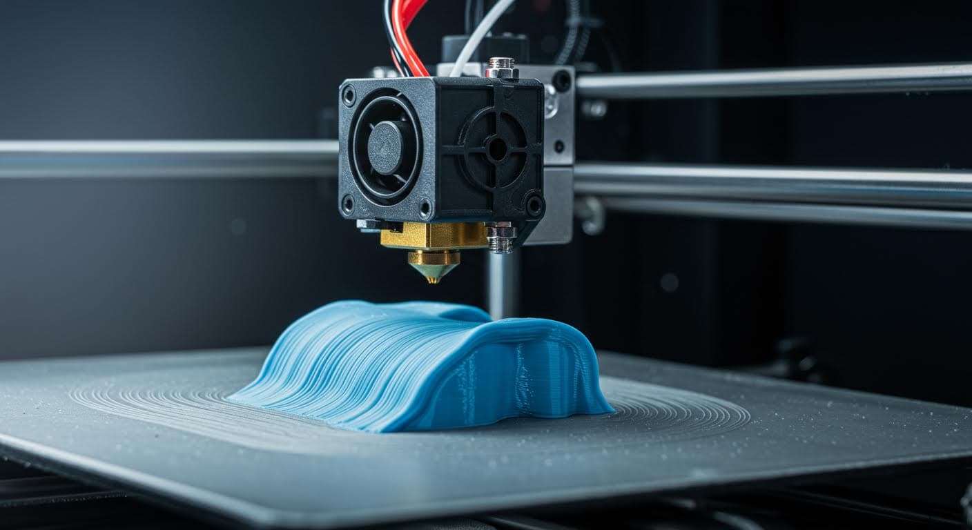 Close-up of a 3D printer nozzle extruding filament onto a build plate, showing smooth layers without defects