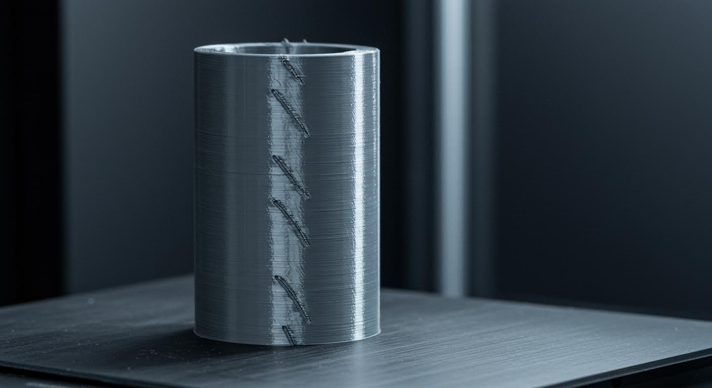 Detailed view of a cylindrical PLA object with a prominent Z-seam line along its side