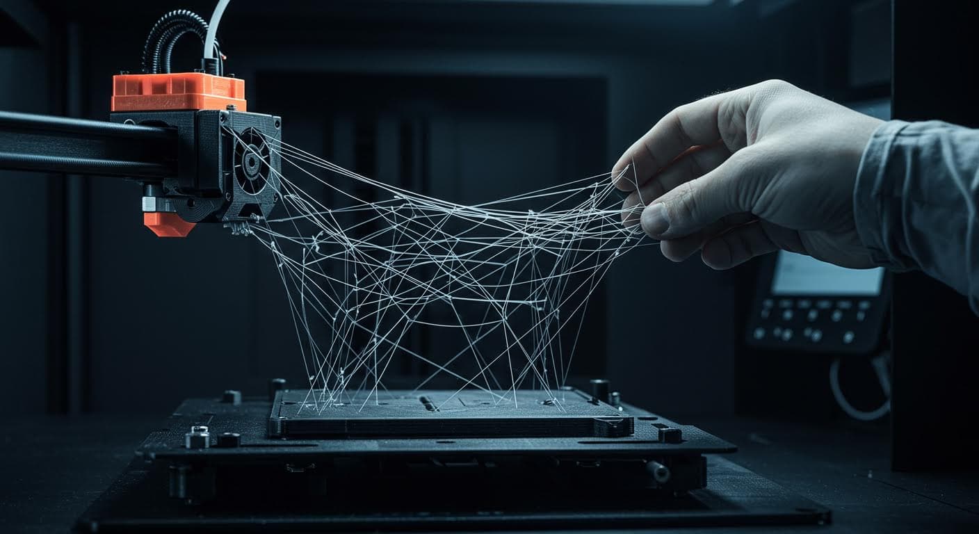 Thin strings of filament connecting separate parts of a 3D print, in a professional industrial setting
