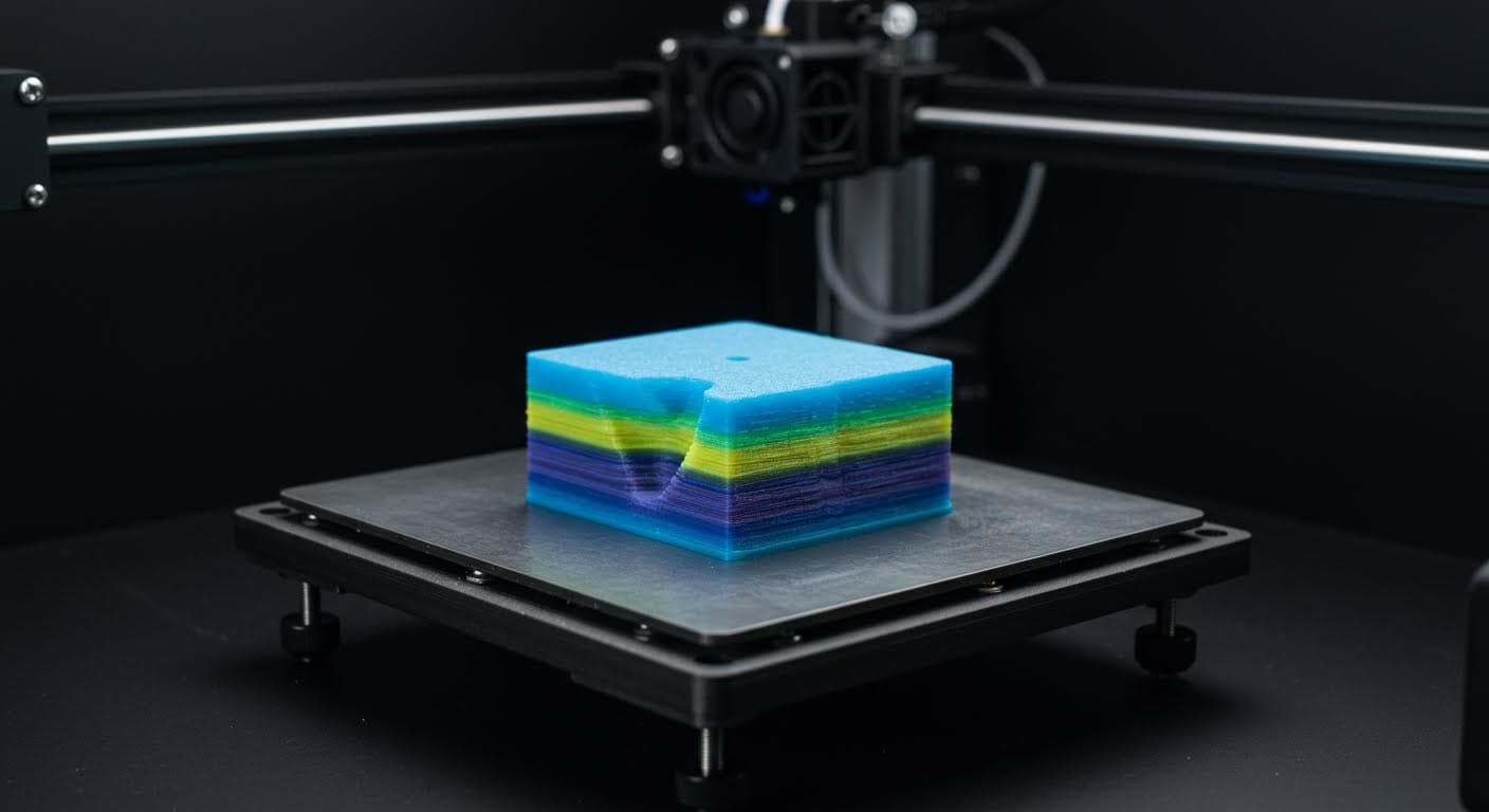 Layer-shifted 3D model with visible horizontal displacements, on a printer platform
