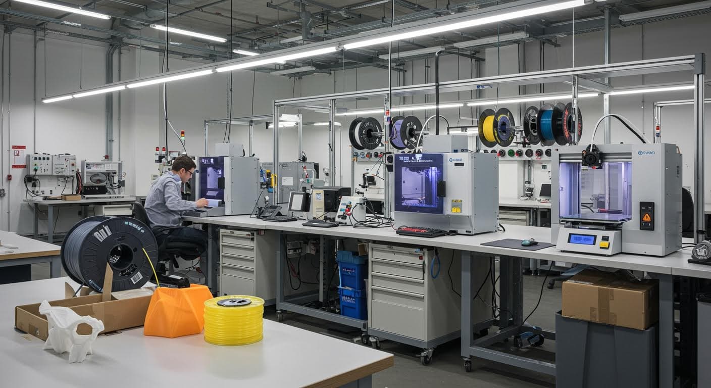 Industrial 3D printing setup in a modern workshop, with multiple printers and PLA spools