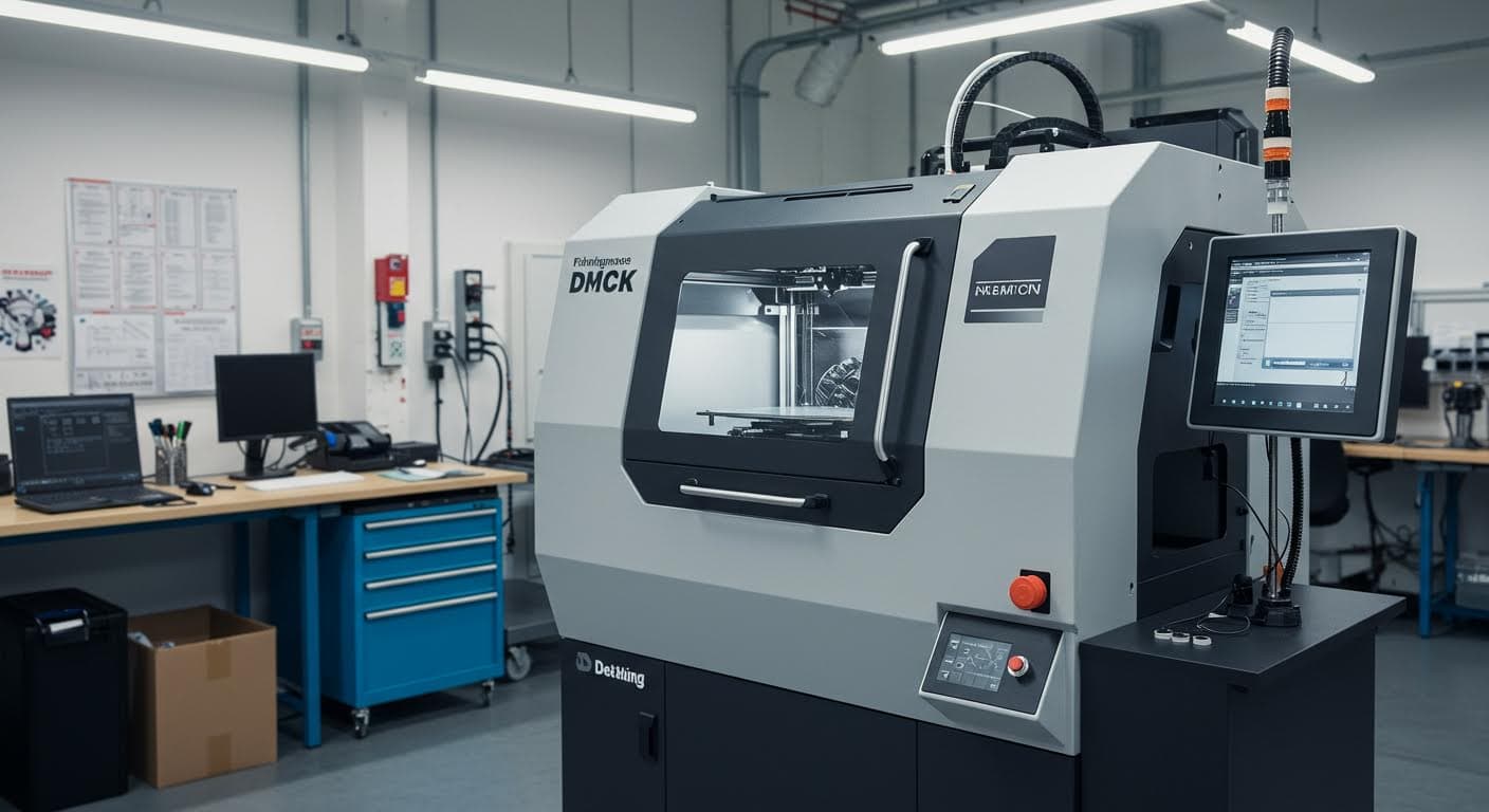 Industrial 3D printer in operation within a modern workshop environment