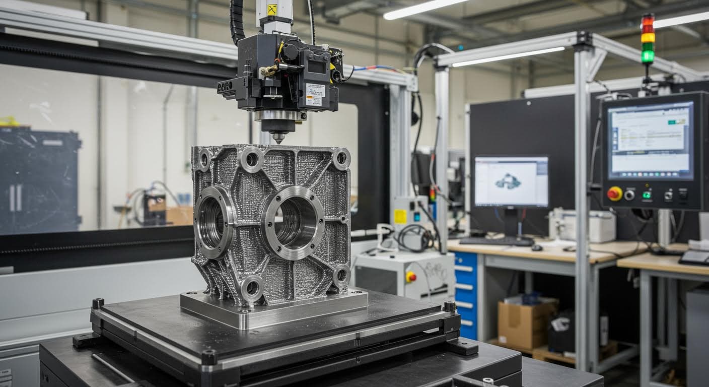 Hochauflösendes Foto eines 3D-gedruckten Metallbauteils mit sichtbarer Oberflächenstruktur in industrieller Umgebung