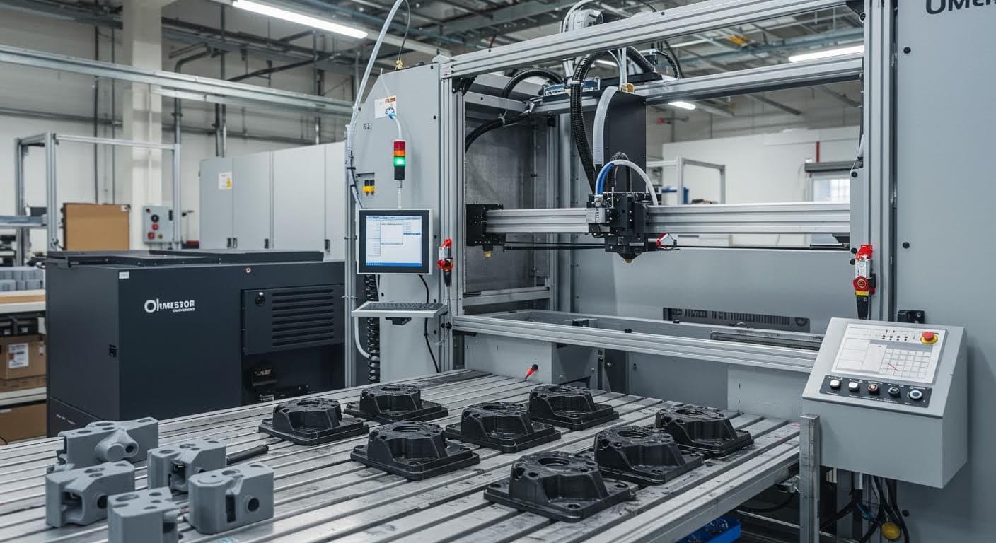Industriefoto von fertigen 3D-gedruckten Teilen auf einem Produktionsband in einer Fabrikhalle