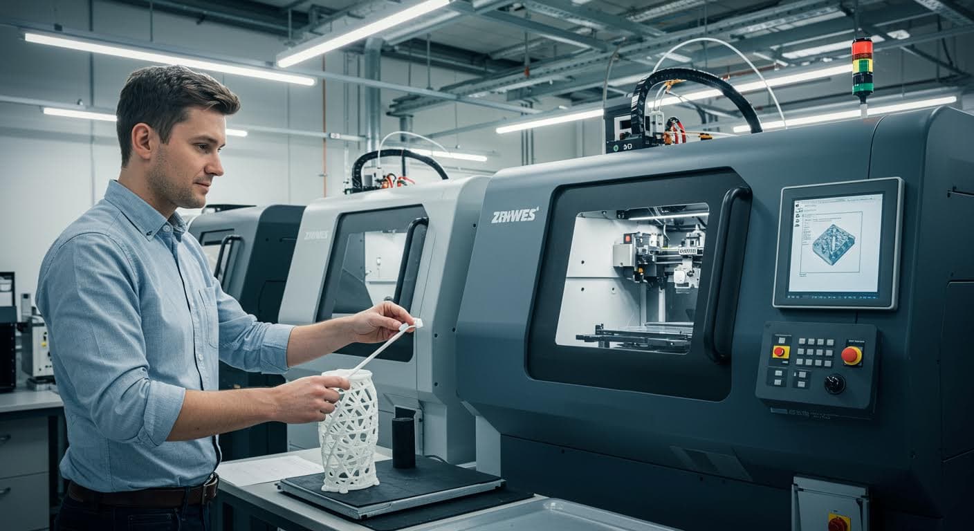 Visuelle Darstellung moderner 3D-Druck-Technologie mit mehreren Druckköpfen in Betrieb