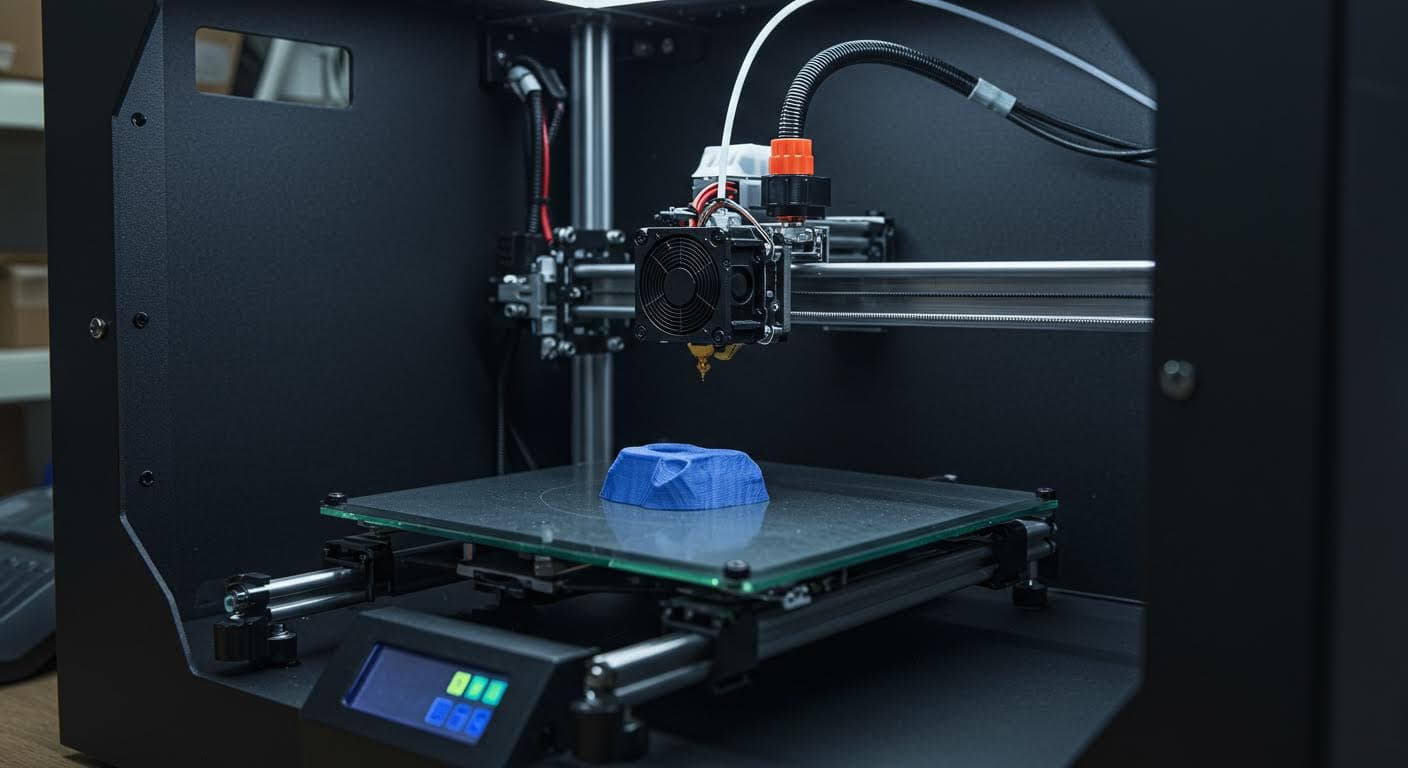Hochauflösendes Foto eines 3D-Druckers in Betrieb, fokussiert auf das Druckbett und den Extruder in einer industriellen Umgebung