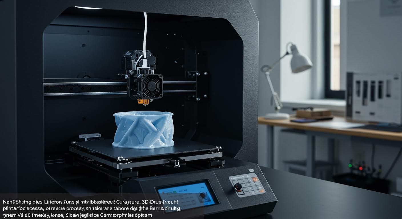 Nahaufnahme eines filamentbasierten 3D-Druckprozesses, zeigt Schichtaufbau ohne jegliche Beschriftung