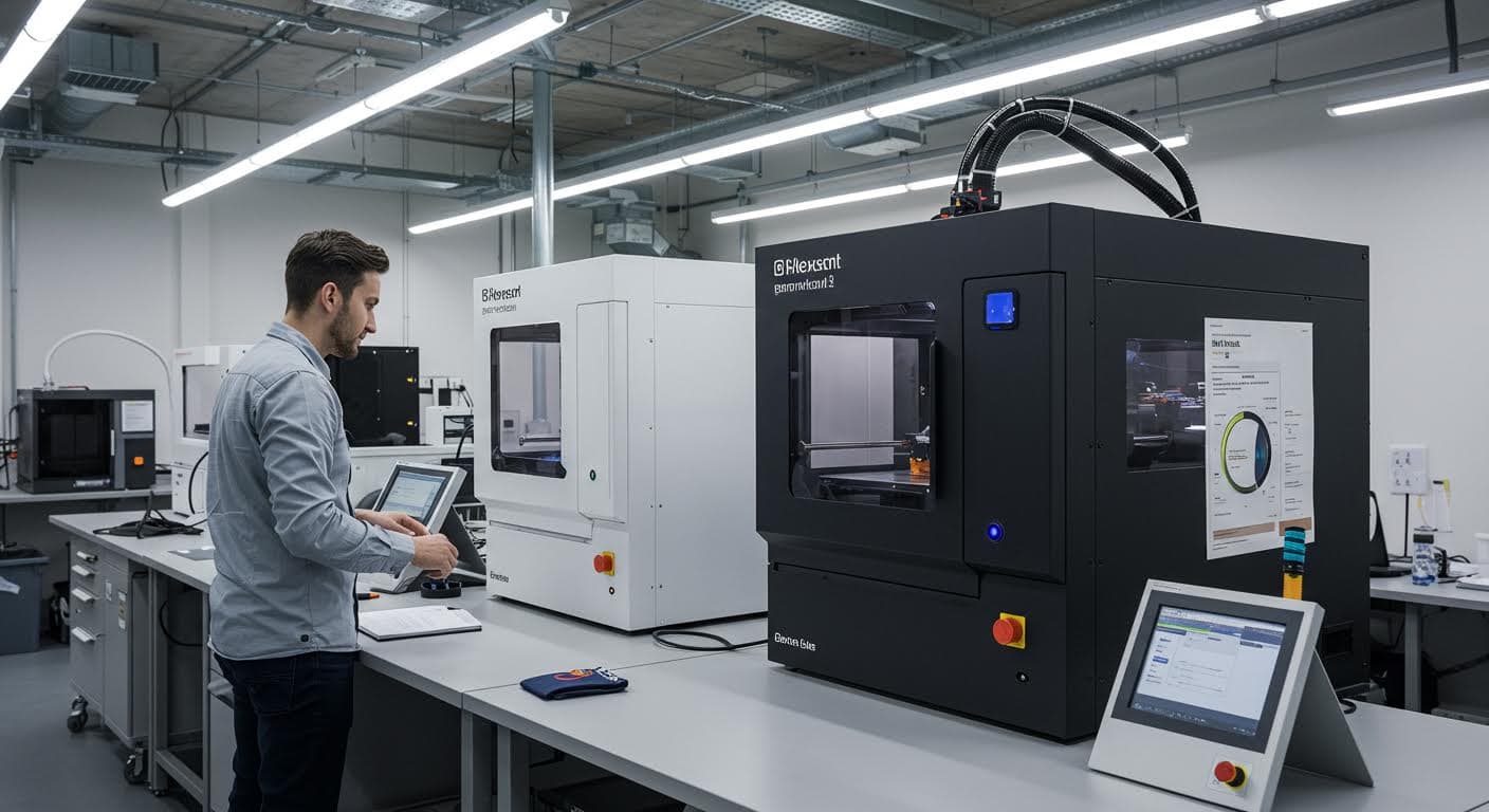 Professionelle Aufnahme einer additiven Fertigungsanlage mit mehreren Druckern in einem sauberen Werkstattraum