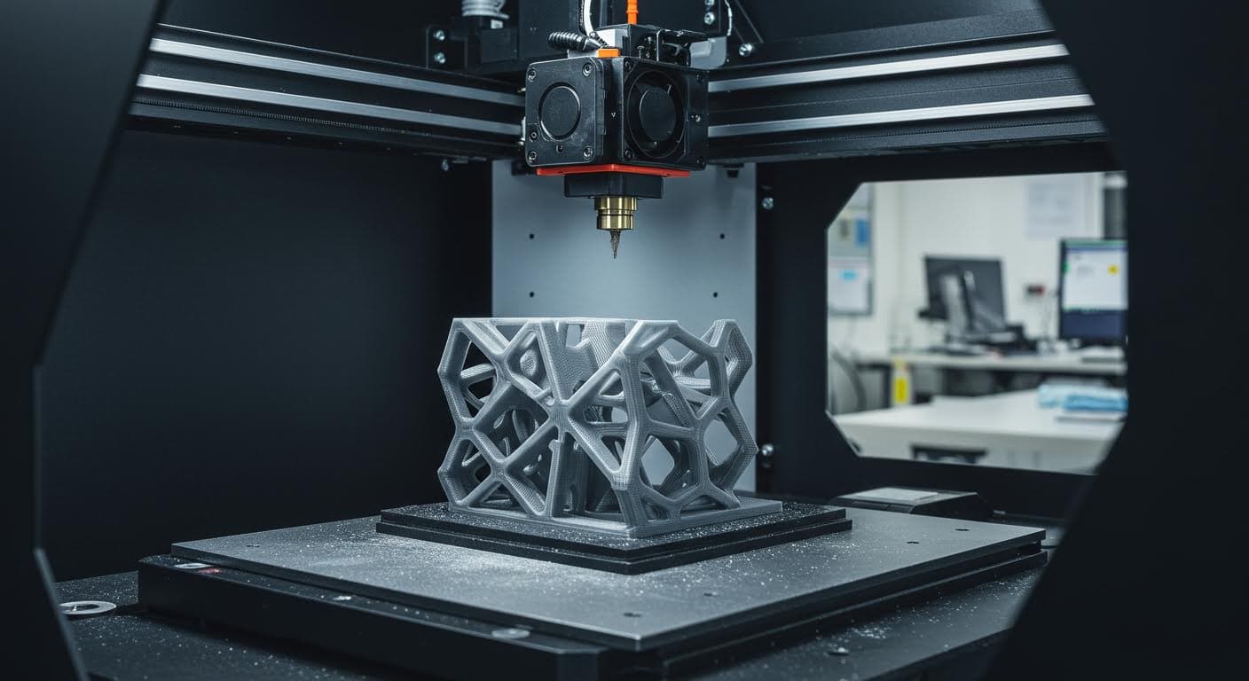 Hochauflösende Fotografie eines 3D-Druckers, der ein komplexes Bauteil schichtweise aufbaut, Fokus auf den Druckkopf und das Material, professionelle Industriefotografie ohne jegliche Beschriftungen.