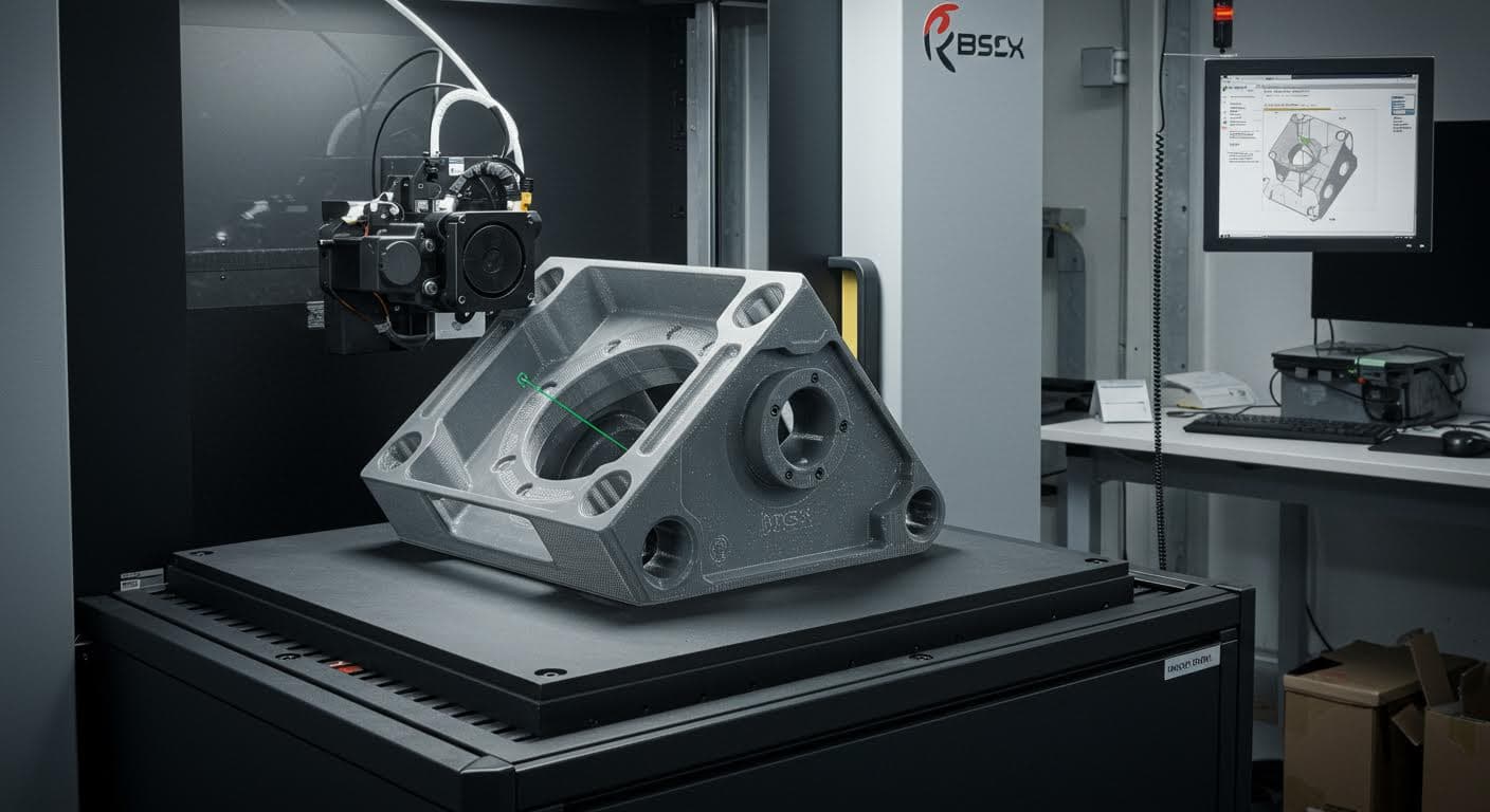 Bild eines Computersimulationsmodells eines Bauteils im 3D-Druckprozess, reine visuelle Darstellung von Geometrie und Achsen, ohne Labels.