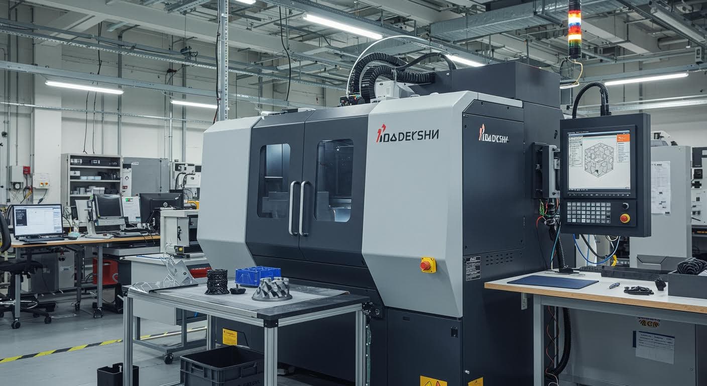 Professionelle Fotografie von industriellem 3D-Druck-Equipment in einer Fertigungshalle, Betonung auf Maschinen und Prozess, hochauflösend und textfrei.