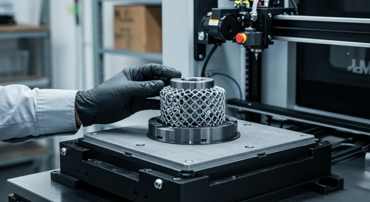 Visuelle Darstellung eines optimierten 3D-gedruckten Produkts in einer industriellen Anwendung, Fokus auf Material und Form, ohne Schrift.