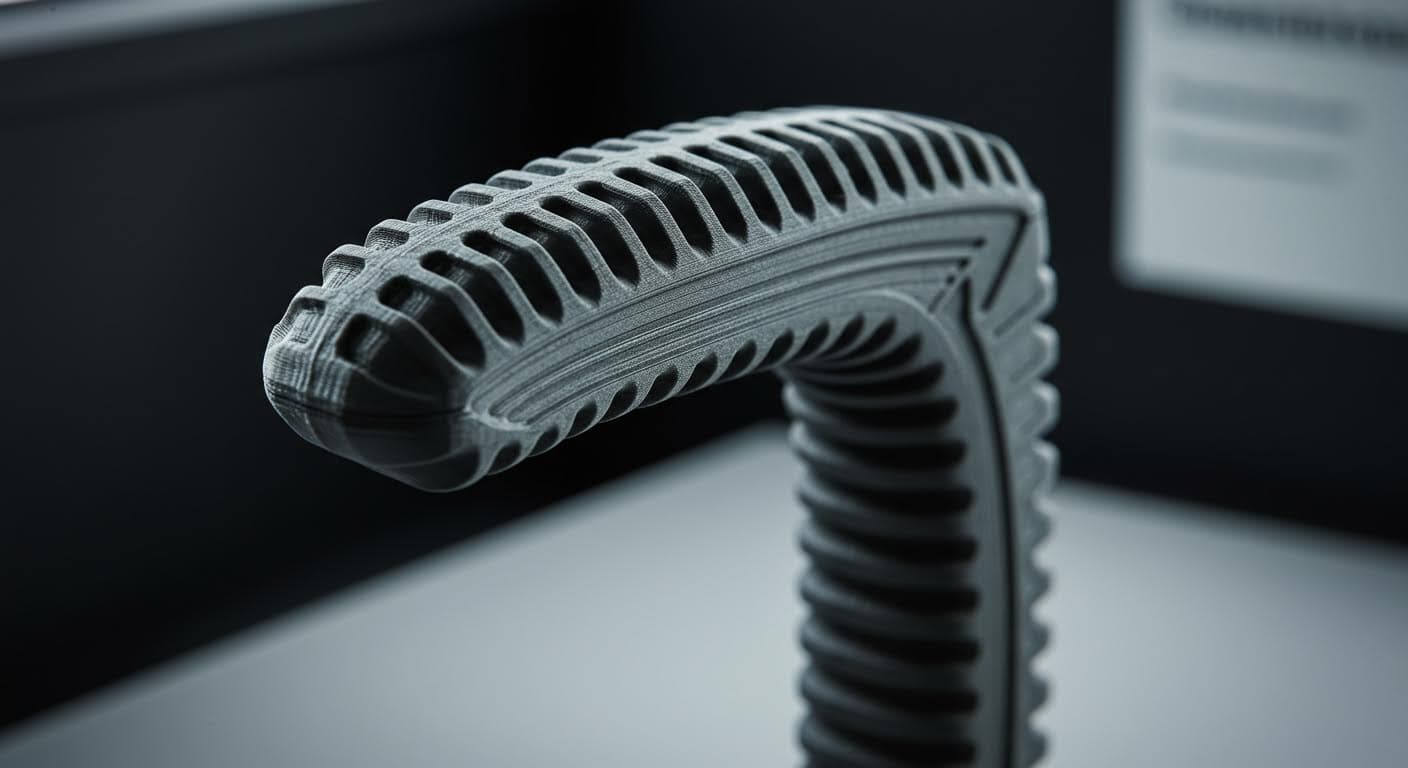 Close-up of a 3D-printed handle with intricate ridges and textures for enhanced grip, showing layered polymer material in high detail.