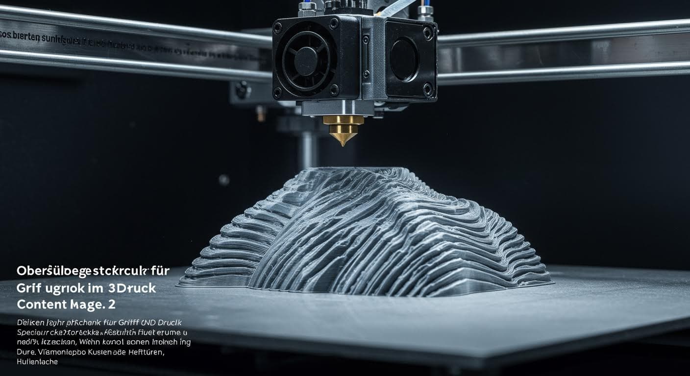 Detailed view of a 3D printer nozzle depositing material to create surface patterns, focusing on the emerging textured object.