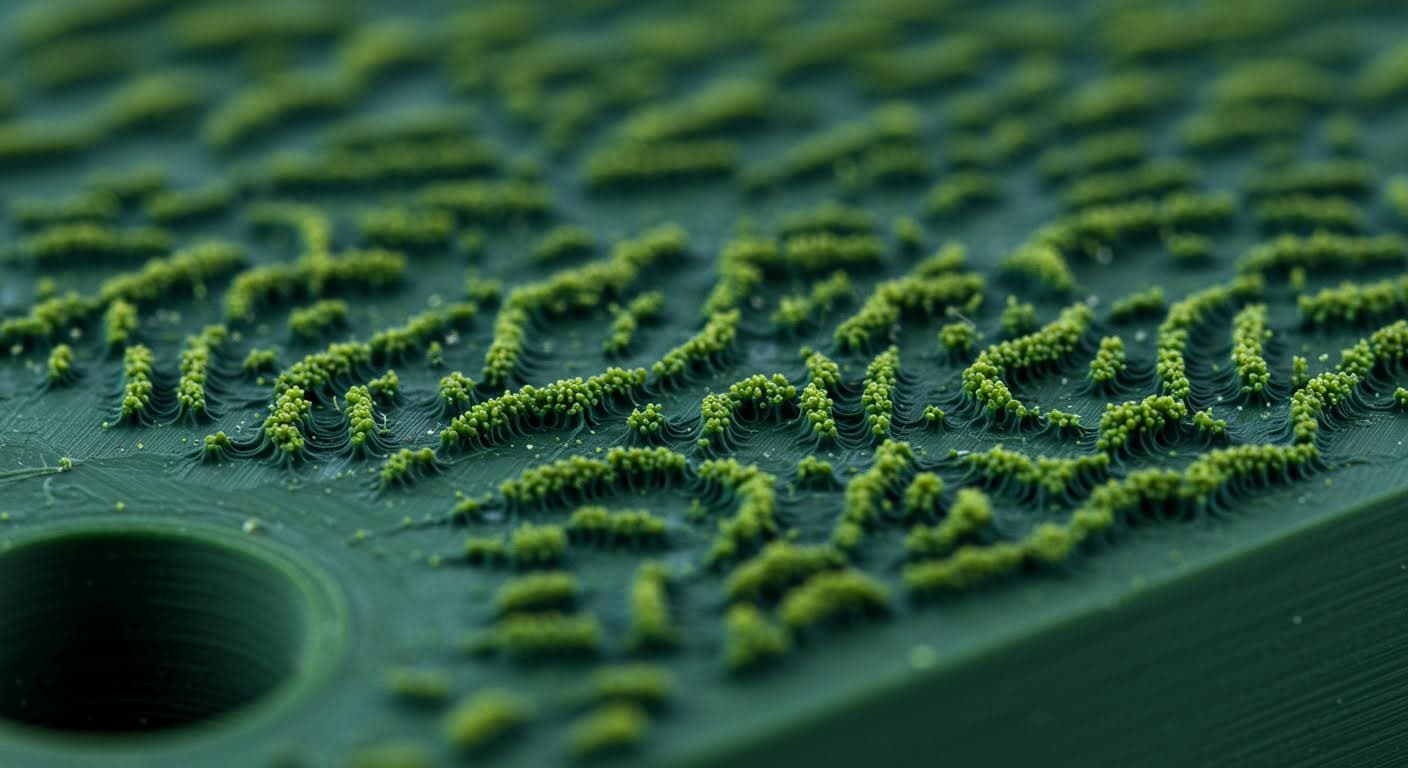 Macro shot of bioinspired surface structures on a printed prototype, resembling natural patterns like gecko feet for adhesion.