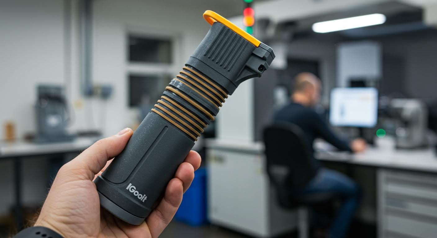 Industrial tool with 3D-printed ergonomic grip featuring varying depths of grooves, held in a manufacturing setting.