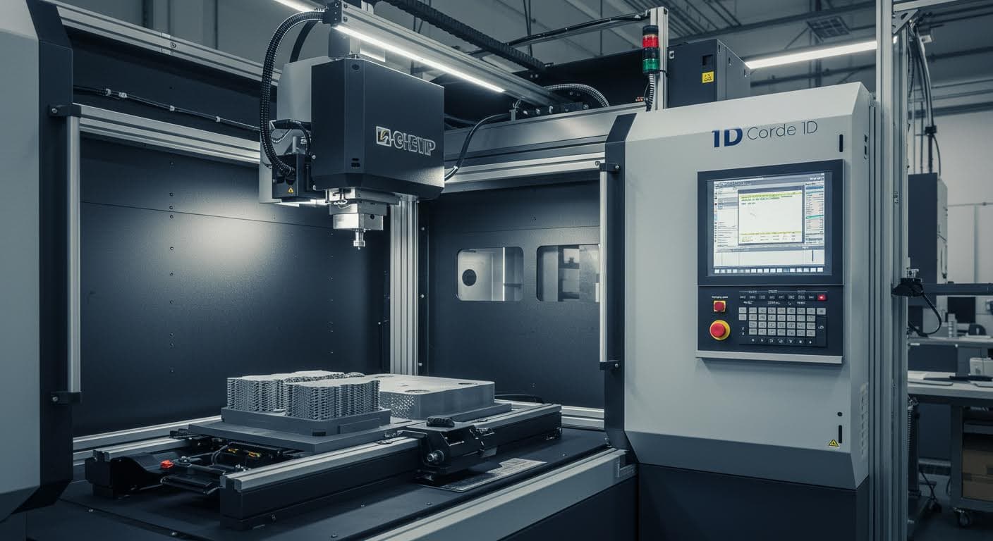 Advanced 3D printing equipment in operation, producing components with haptic textures, emphasizing precision machinery.