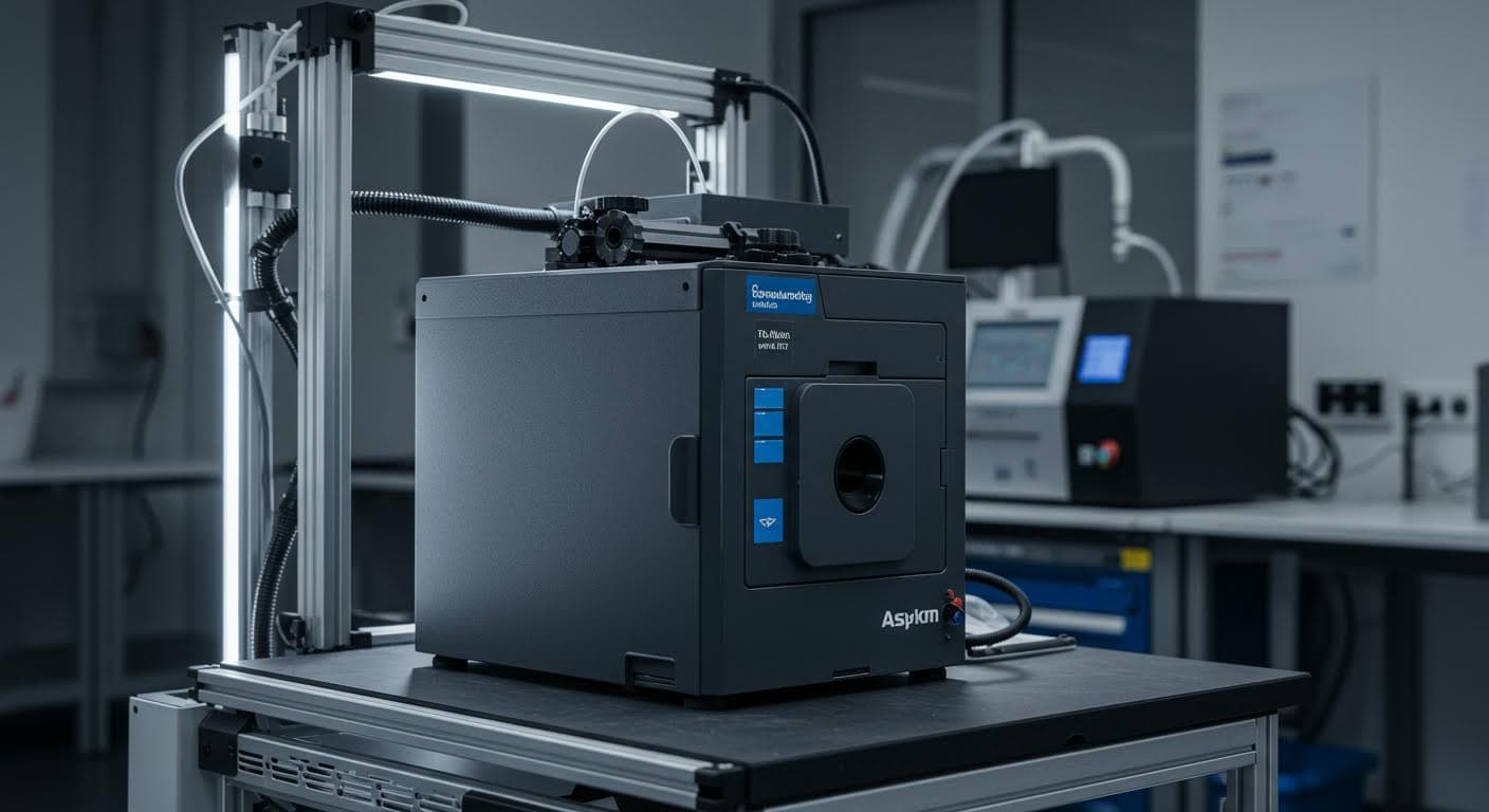 Hochauflösendes Foto einer Trockenbox mit 3D-Druck-Filamenten darin, industrieller Stil, ohne Text