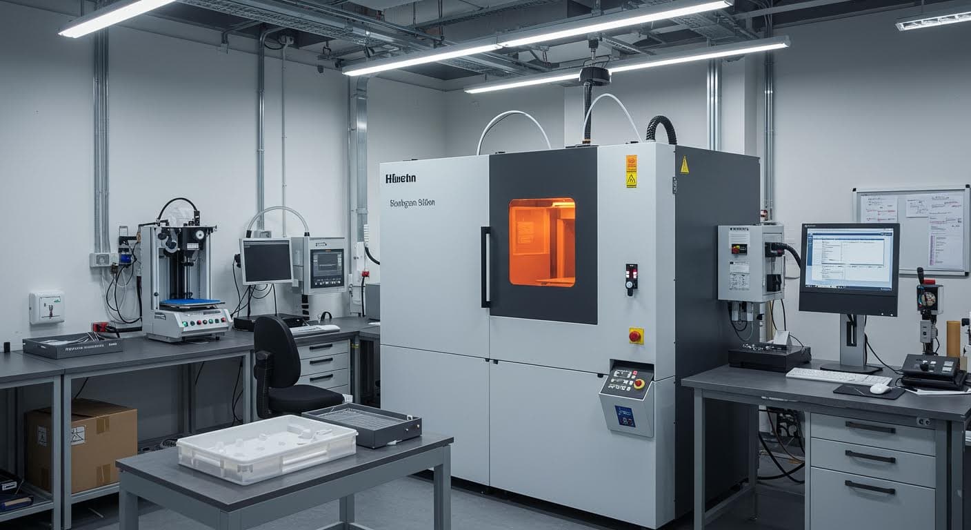 Übersicht über ein modernes 3D-Druck-Labor mit Trocknungsgeräten, ohne Beschriftungen