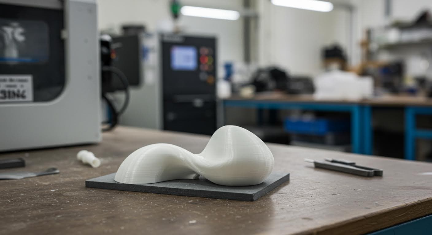 Close-up of a smooth 3D-printed PLA object on a workbench in an industrial workshop
