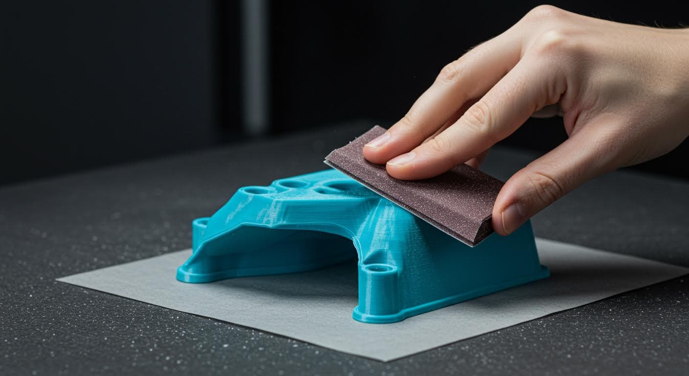 Detailed view of sanding a PLA part with fine grit paper, showing surface texture improvement