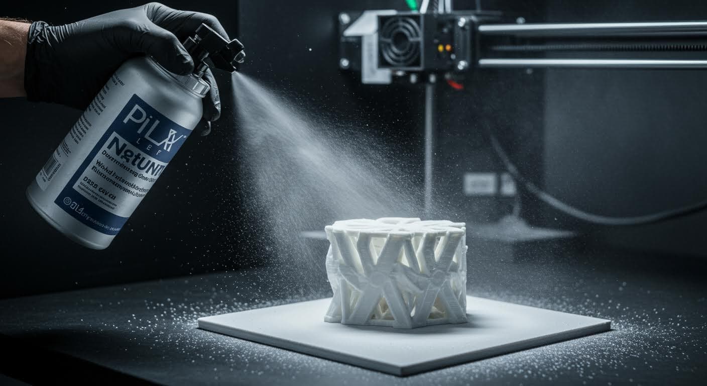 Application of primer spray on a 3D-printed PLA model, focusing on even coating