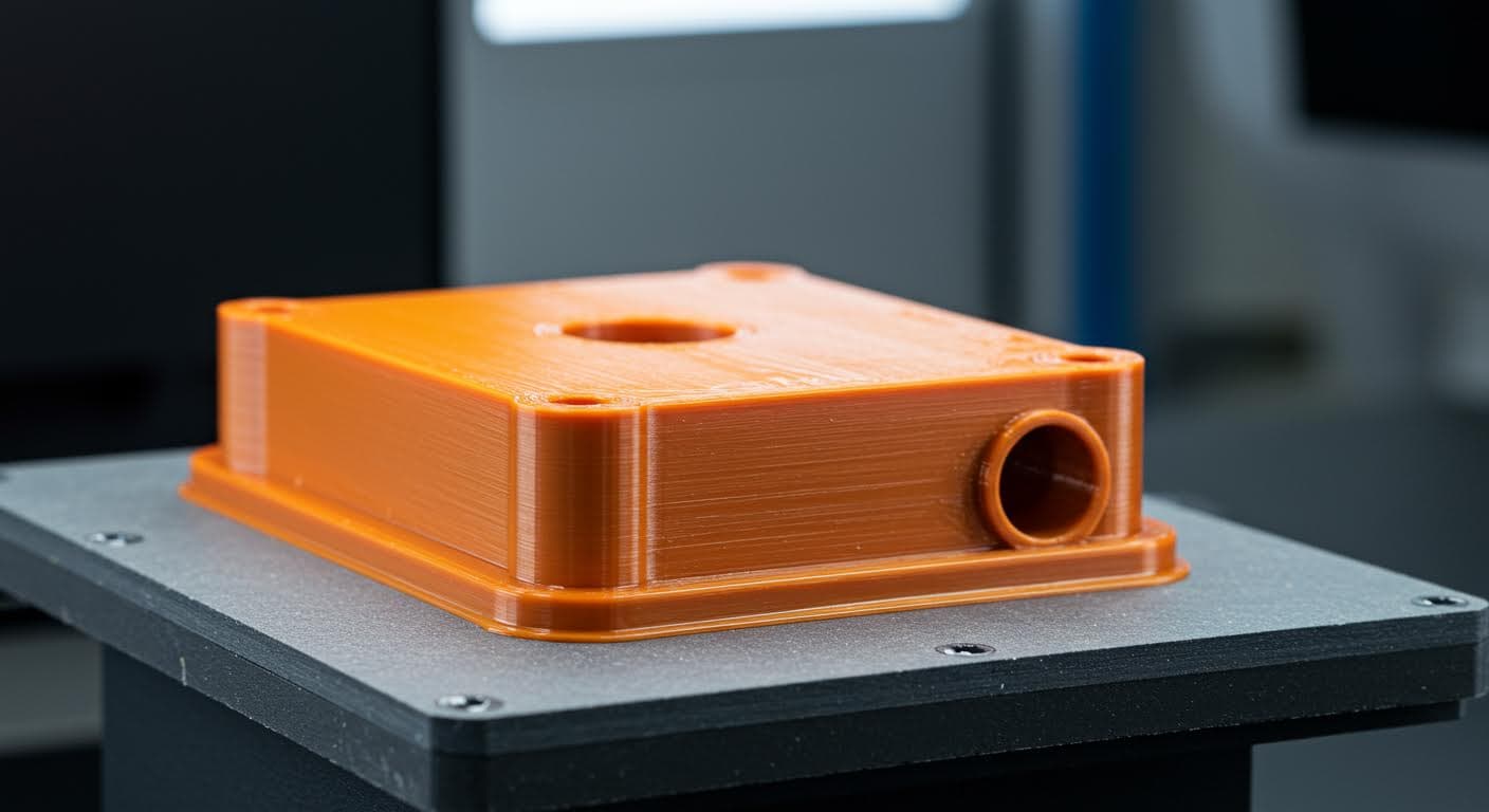Finished lacquered PLA component with glossy surface under workshop lighting