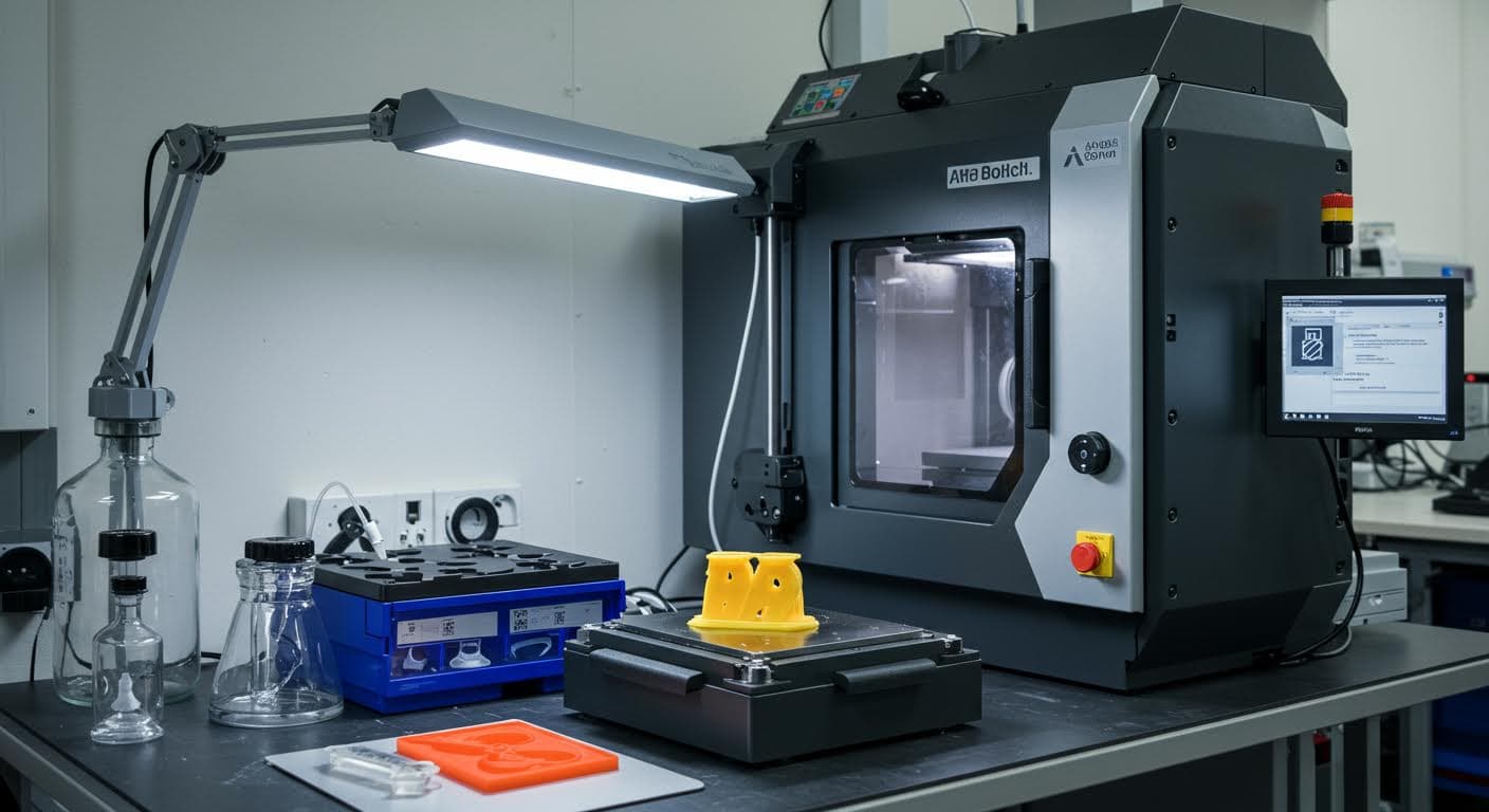 Scientific setup with PLA samples undergoing post-processing stages in a lab environment