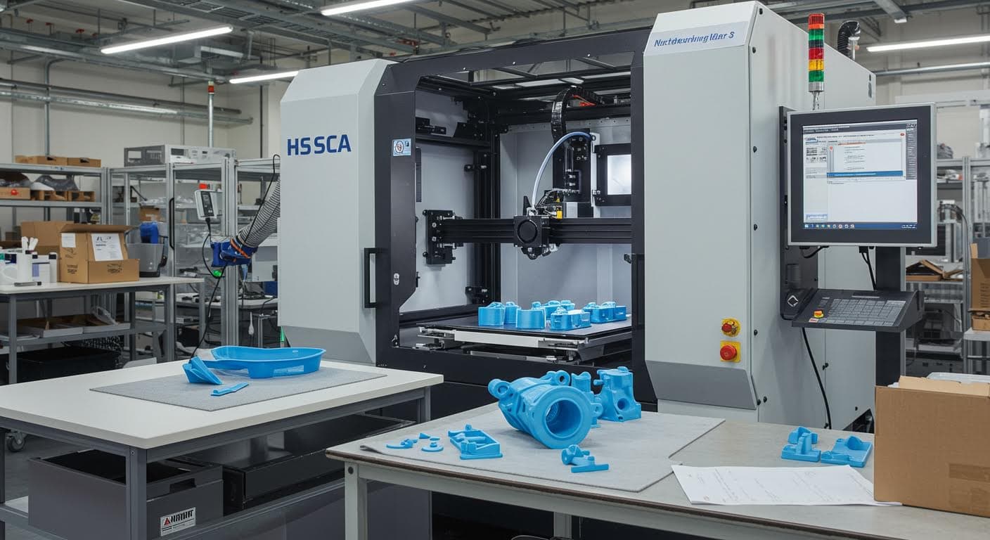 Industrial 3D printing machine producing PLA parts in a modern factory setting