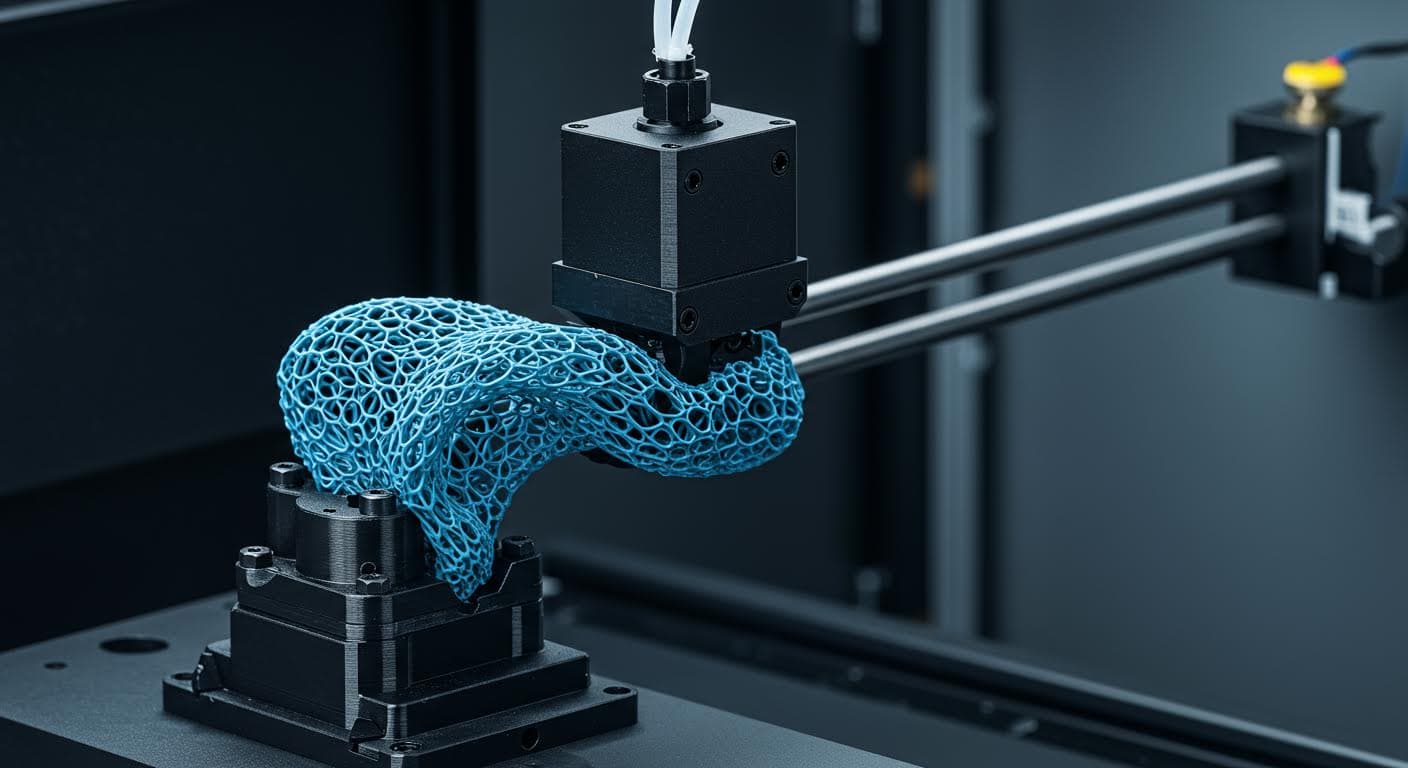 Nahaufnahme eines elastischen Schnappmechanismus in Deformation, reines visuelles Bild von 3D-gedrucktem Material, magazinqualität