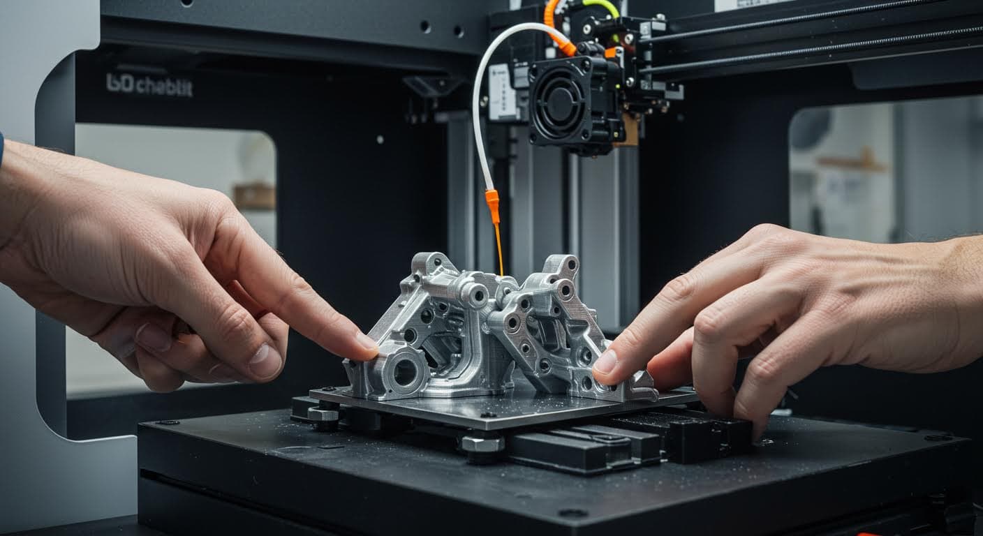 3D-Drucker im Betrieb, der ein komplexes compliant mechanism herstellt, Fokus auf Technologie ohne jegliche Beschriftung