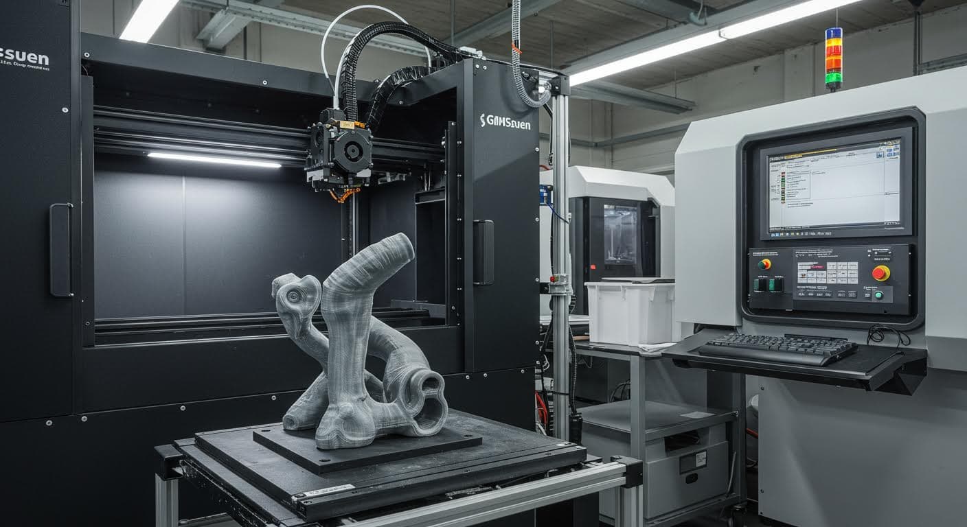 Lokales Fertigungs-Setup in Baden-Württemberg, 3D-Druck-Equipment und Ergebnisse, professionell fotografiert ohne Text