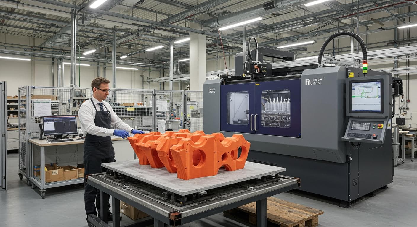 Hochauflösendes Foto eines industriellen 3D-Druckers, der ein großes Objekt schichtweise aufbaut, in einer modernen Fertigungshalle ohne jegliche Beschriftungen
