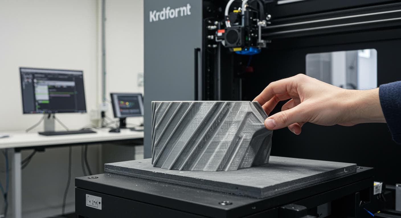 Nahaufnahme von segmentierten 3D-gedruckten Teilen aus Polymer, die präzise aneinandergelegt werden, fokussiert auf Materialtextur und Kanten
