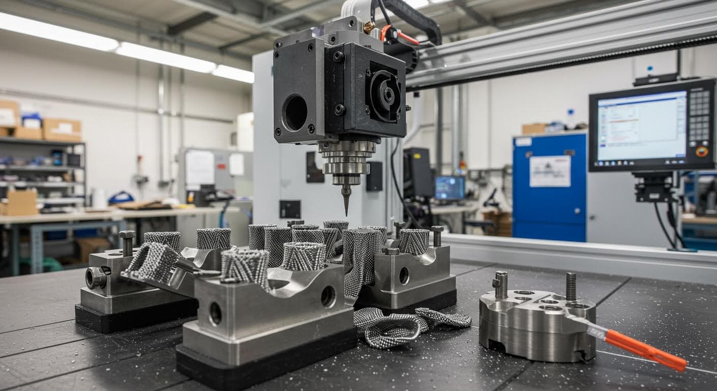 Professionelles Bild von Metall-Dübeln, die in 3D-gedruckte Bauteile eingefügt werden, in einer Werkstattumgebung mit Fokus auf mechanische Verbindung