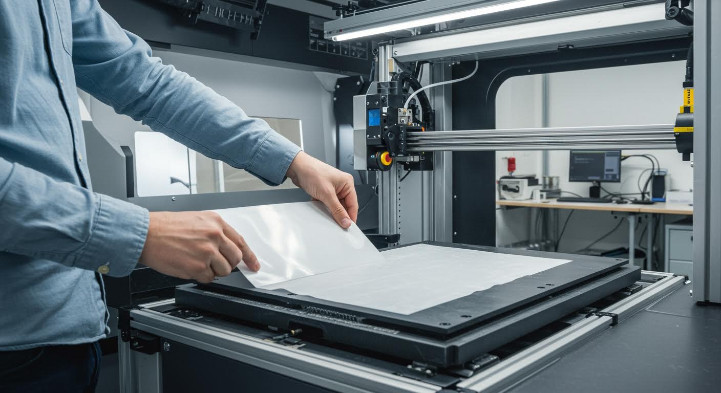 Visuelle Darstellung eines Klebeprozesses, bei dem adhäsive Folie auf 3D-gedruckte Segmente aufgetragen wird, betont auf Blasenfreiheit und Oberfläche