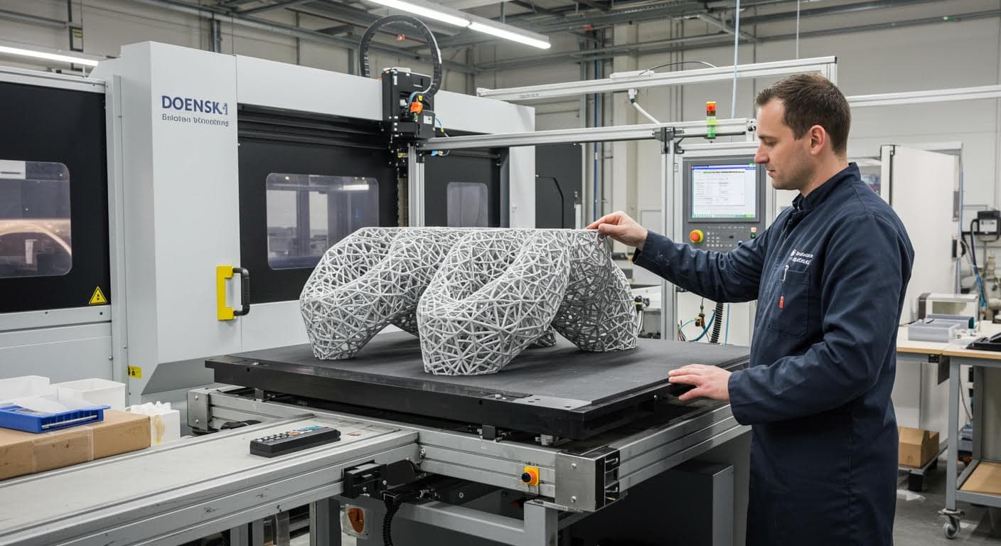 Industriefoto eines fertigen großformatigen 3D-Objekts, das aus verbundenen Segmenten besteht, in einer Produktionslinie