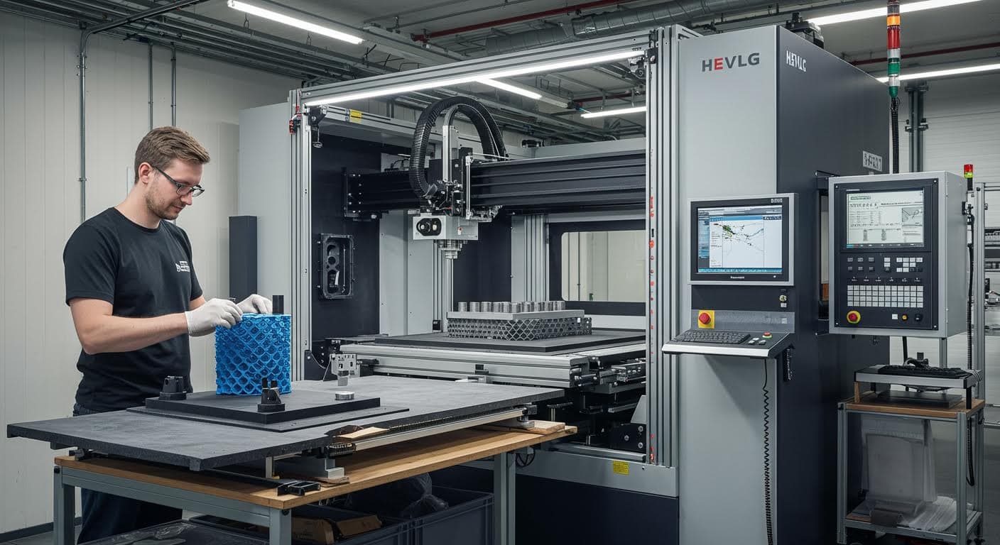Überblick über eine additive Fertigungsanlage mit großen 3D-gedruckten Komponenten, die mit Dübeln und Kleber montiert sind, in hoher Auflösung