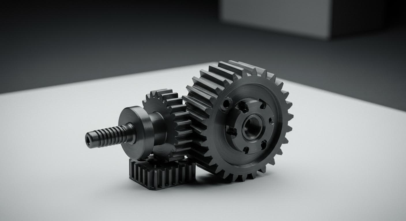 High-resolution industrial photo of a 3D-printed PLA gear assembly on a white background, showing intricate tooth details without any text or labels