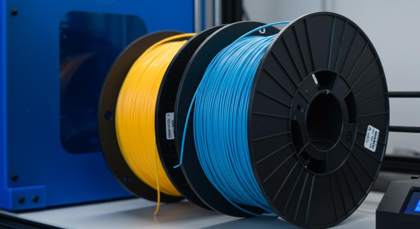Professional close-up of spools of PLA filament in a 3D printer setup, focusing on material texture and colors, no inscriptions