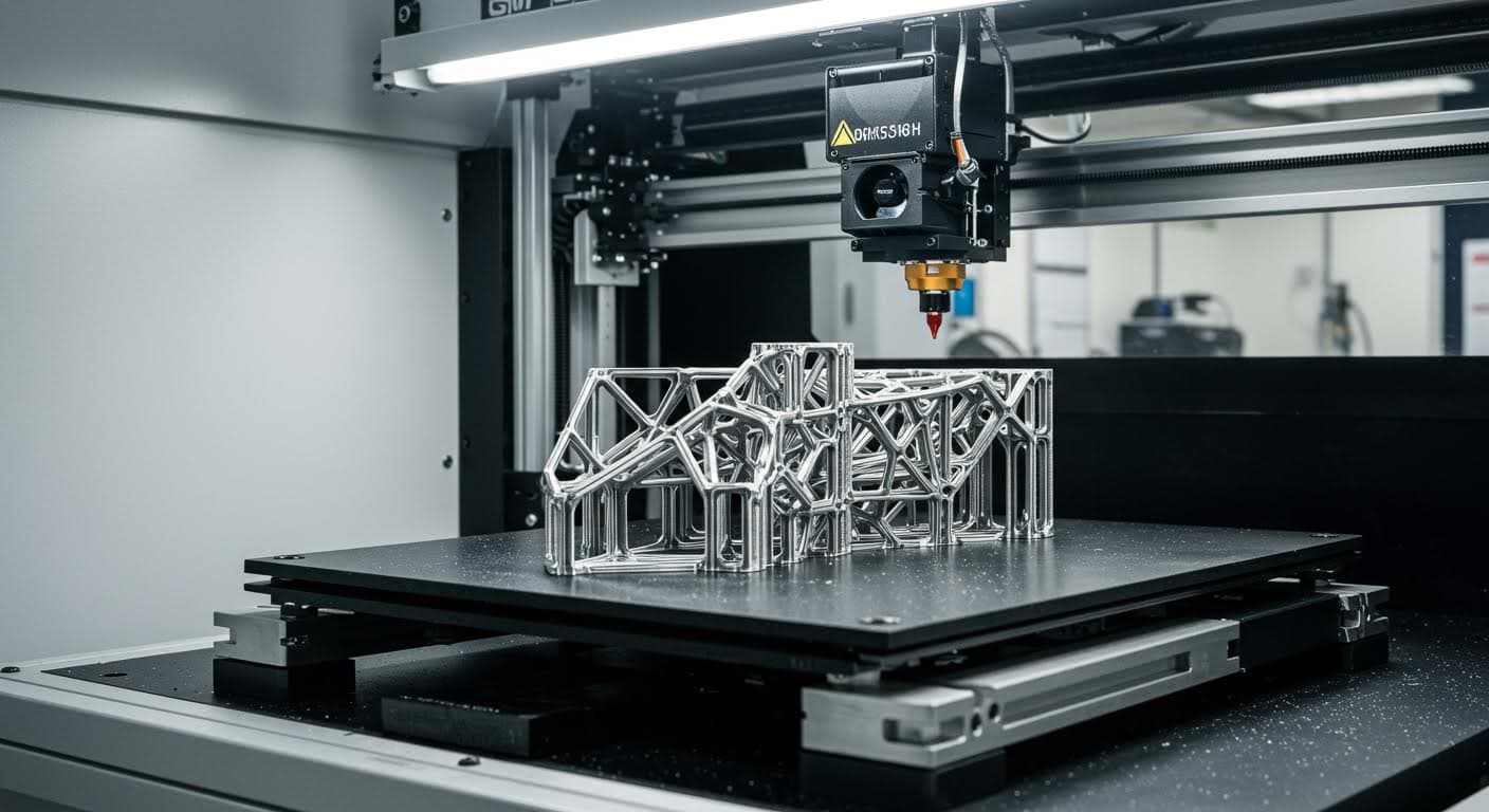 Hochauflösende Fotografie eines industriellen 3D-Druckers, der ein komplexes Bauteil schichtweise aufbaut, mit Fokus auf die Präzisionsdüse und glänzenden Metallteilen, in einem sauberen Fabrikumfeld.