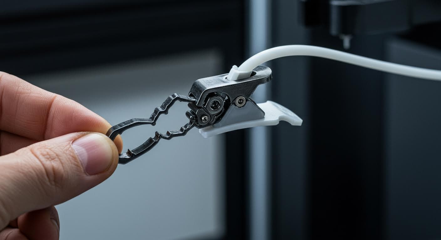 Magazine-quality image of a snapped PLA clip mechanism in action, pure visual representation of elasticity and connection