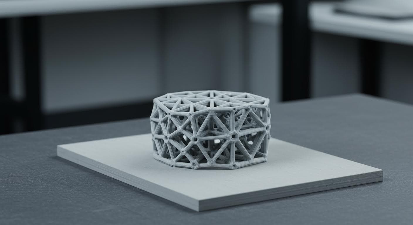 Nahaufnahme eines fertigen 3D-gedruckten Prototypen aus Kunststoff, mit detaillierten geometrischen Strukturen und glatter Oberfläche, auf einem neutralen Untergrund platziert.
