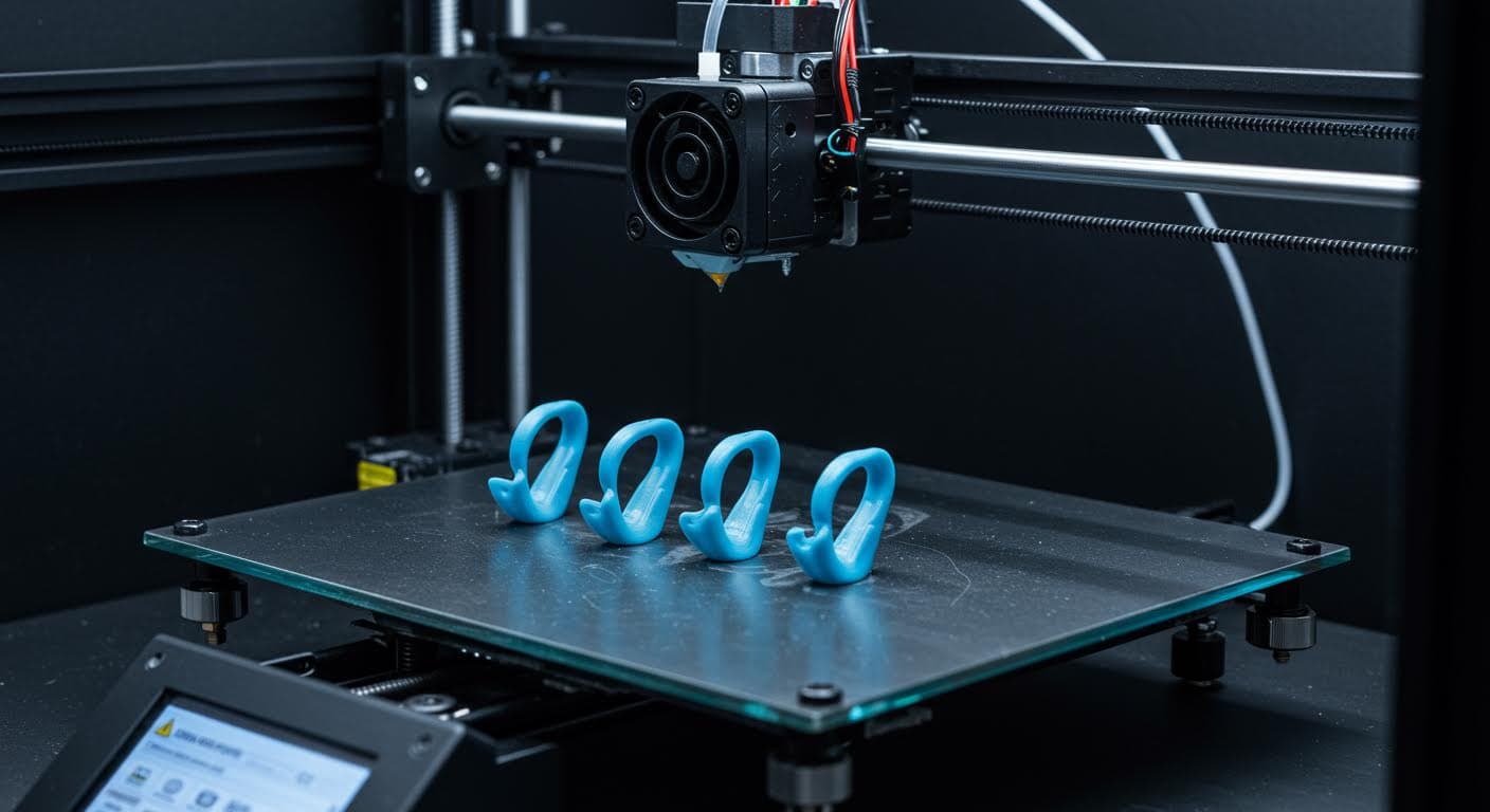 Detailed photograph of a 3D printer extruding PLA for snap hooks, emphasizing the layering process without any written elements
