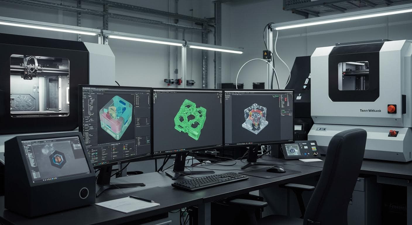 Professionelle Aufnahme einer Arbeitsstation mit mehreren Bildschirmen, die 3D-Modelle rendern, umgeben von 3D-Druck-Equipment, ohne jegliche Beschriftungen.