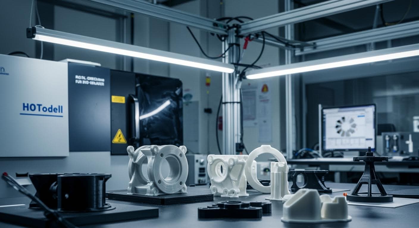 Visuelle Darstellung verschiedener 3D-gedruckter Objekte in einer Reihe, darunter mechanische Teile und Prototypen, beleuchtet in einem modernen Labor.