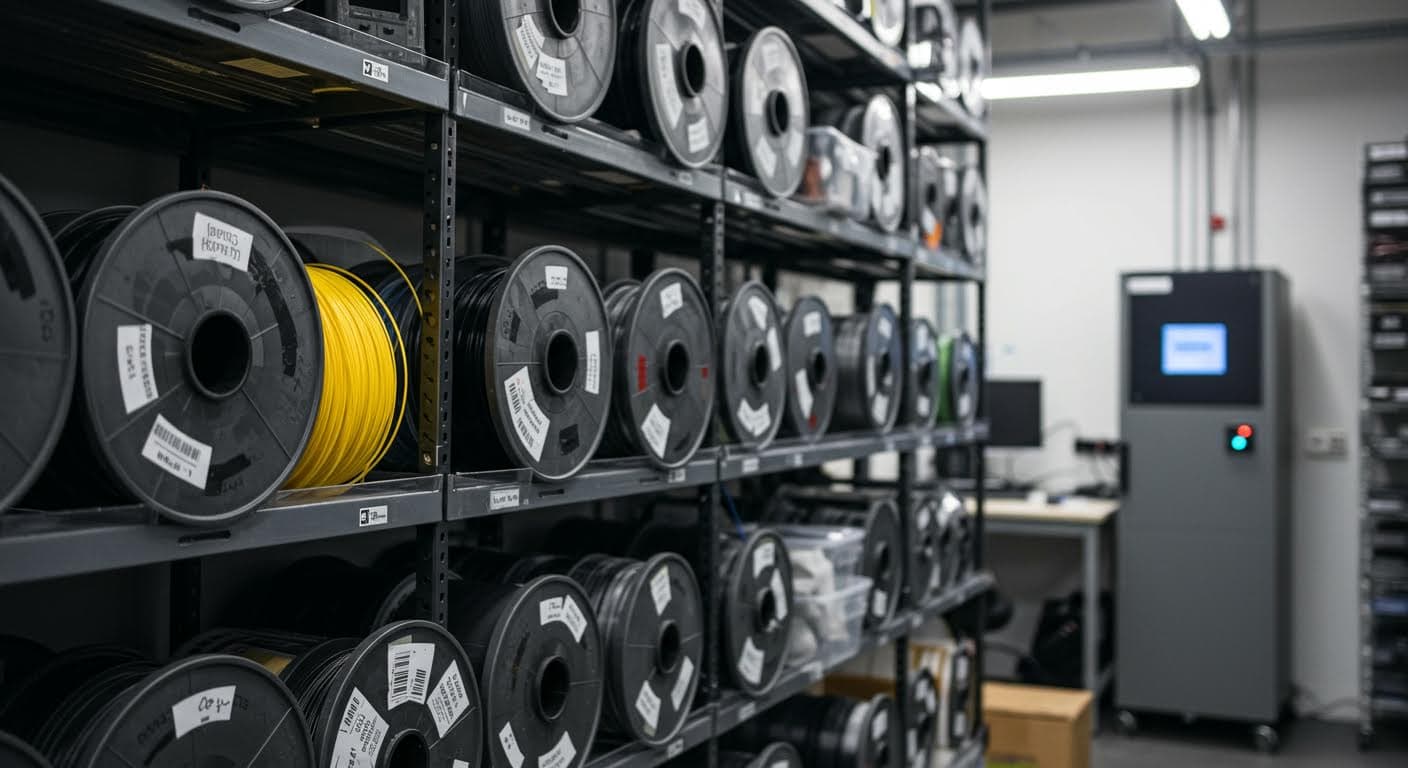 Detailreiche Fotografie von 3D-Druck-Materialspulen und Filamenten in einem Lager, mit Fokus auf Texturen und Farben, ohne Text oder Logos.