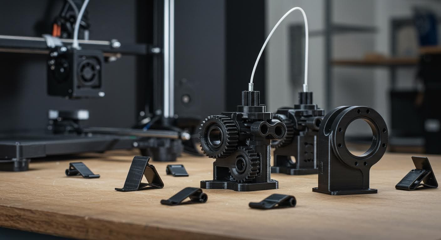 Visually striking shot of multiple PLA-printed components like gears and clips arranged on a workbench, high detail and lighting